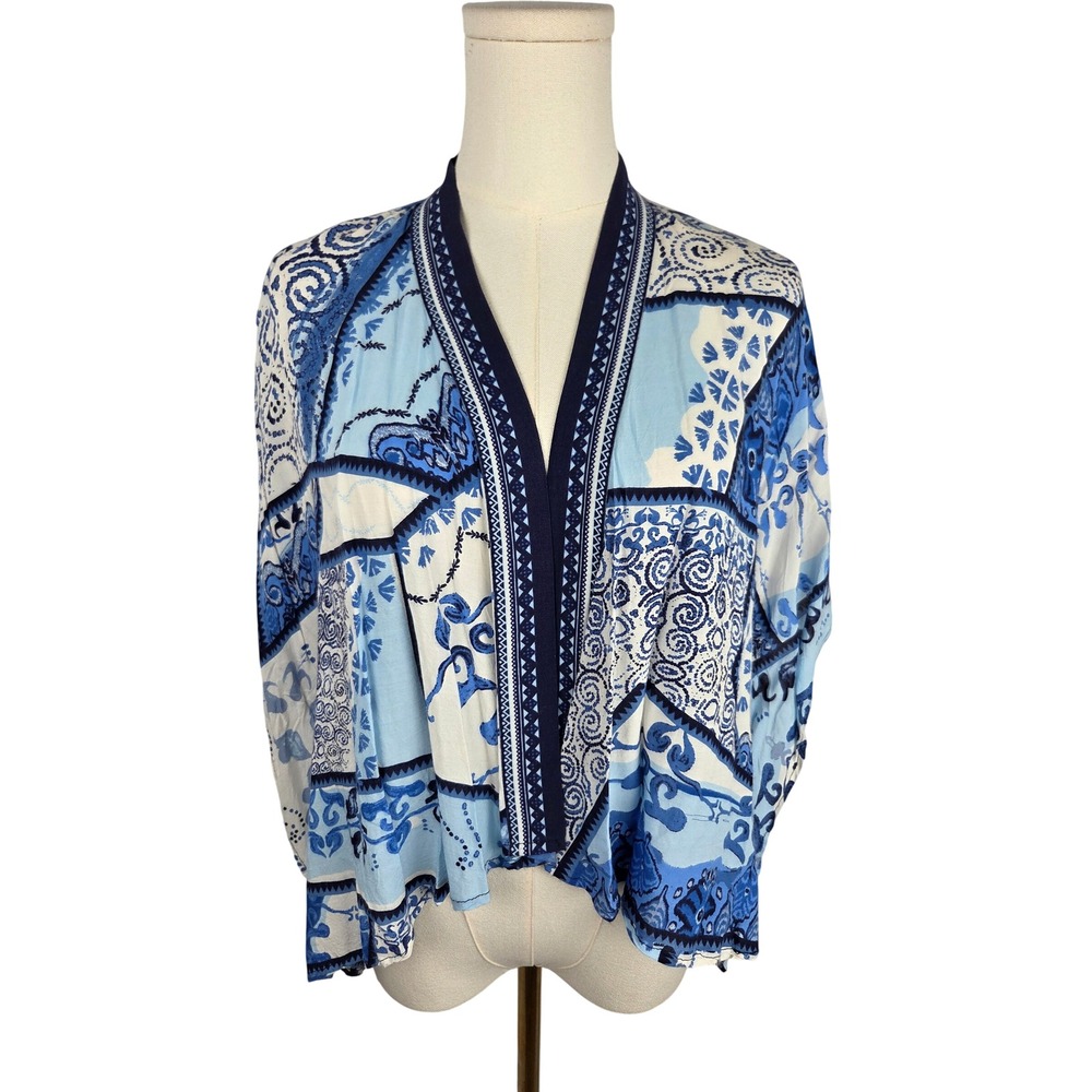 Chico's Kimono Cardigan S/M Blue Patchwork Paisley Wrap Coastal Boho Resort